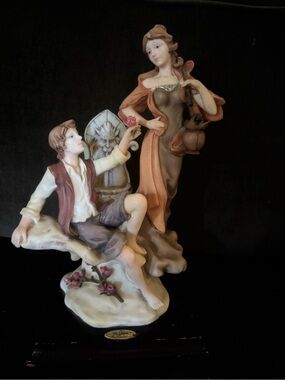 Romantic Porcelain Figurine Sculpture in Peach and Brown